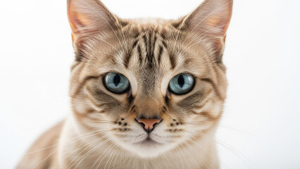 Fototapeta premium A beautiful Lynx point Siamese or Tabby cat with piercing blue eyes stares intently at the viewer on a clean white background.
