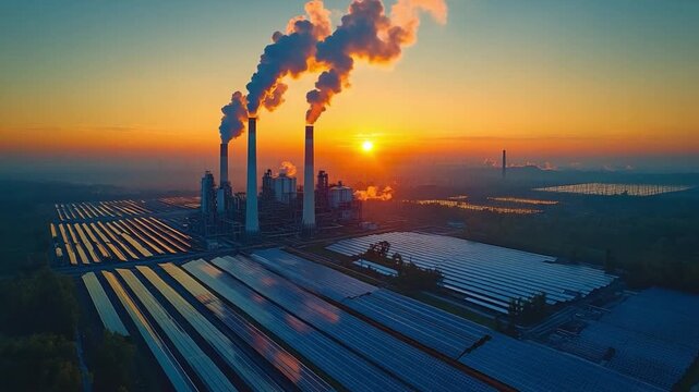 Power Plant Emissions at Sunset: A captivating aerial view captures an industrial power plant belching smoke against a vibrant sunset sky, surrounded by solar panels and water bodies.