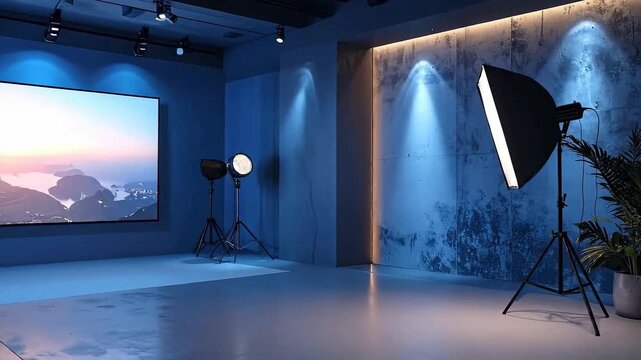 Photography studio setup with lighting equipment and landscape display, creating a professional and creative atmosphere.