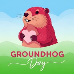 Groundhog day celebration with cartoon groundhog holding heart