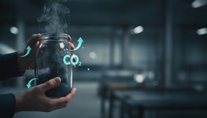 A person holds a jar emitting smoke, symbolizing carbon dioxide, in a dimly lit environment, suggesting themes of science and environmental awareness.