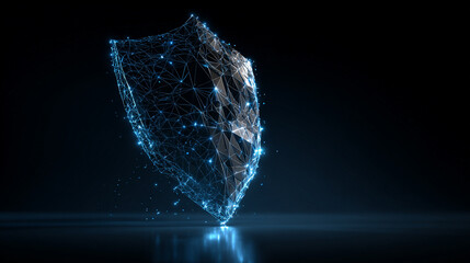 3D futuristic low poly guard shield symbol glowing on a dark blue background, representing cybersecurity, data protection, and modern digital wireframe design.
