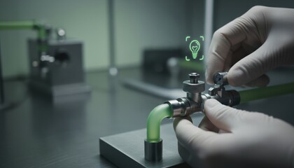 A person in gloves adjusts a valve on a green pipe in a laboratory setting, featuring a light bulb icon, suggesting innovation or experimentation.