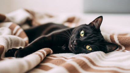 A sleek black cat reclines elegantly on a soft, striped blanket, its body stretched out as it gazes towards the viewer with striking yellow eyes.
