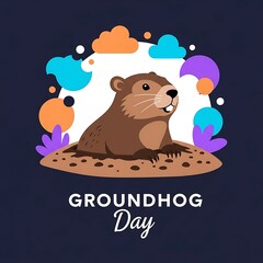Happy groundhog day celebration with cartoon groundhog