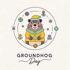 Groundhog day celebration with cartoon character