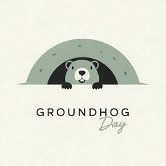 Groundhog day celebration with cartoon groundhog emerging from burrow