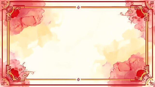 Chinese lunar new year holiday celebration. Spring festival tradition. Chunjie. Asia. A vibrant, red and gold frame with floral motifs and ornate borders, set against a watercolor background.