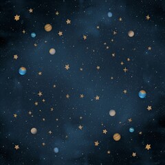 Starry night sky with planets and golden stars on dark background  