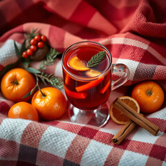 Hot spiced fruit drink in glass mug with orange slices and cinnamon  