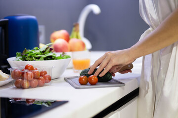 Close up shot of female hands preparing breakfast in kitchen. Woman slicing vegetables fresh cucumbers and tomatoes on cutting board in apartment. Housewife prepares food