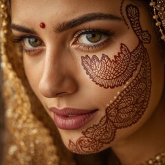 Woman with henna design on face wearing traditional attire and jewelry  