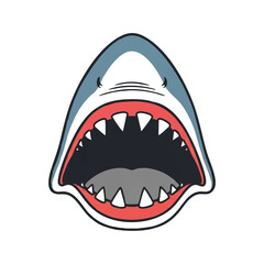Flat 2D vector illustration depicting a simple, threatening shark mouth warning sign, symbolizing maritime danger and the aggressive sea predator concept, isolated cleanly on white.