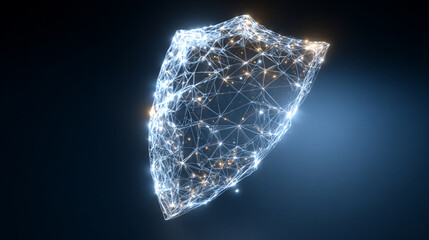 3D futuristic low poly guard shield symbol glowing on a dark blue background, representing cybersecurity, data protection, and modern digital wireframe design.
