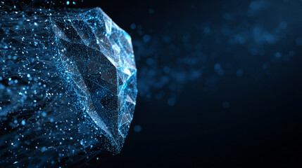 3D futuristic low poly guard shield symbol glowing on a dark blue background, representing cybersecurity, data protection, and modern digital wireframe design.
