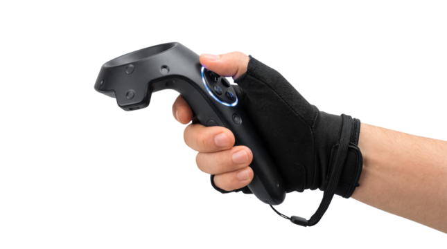Gamer hand wearing black haptic glove holding virtual reality controller with blue glowing light isolated on transparent background - Powered by Adobe