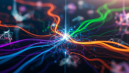Vibrant abstract network of light trails with glowing particles, symbolizing connectivity and data flow in a futuristic digital realm