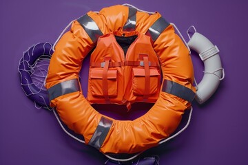 Orange life vest and lifebuoy on vibrant purple background representing maritime safety and rescue equipment