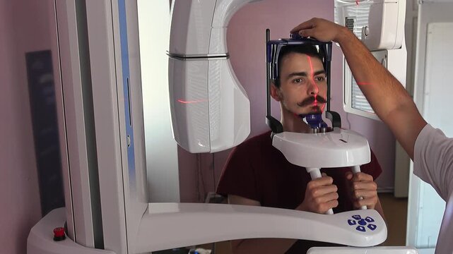 Man in dental xray machine positioned, holding bite block and grips for panoramic scan, smiling with relaxed expression in small pink clinic room, modern