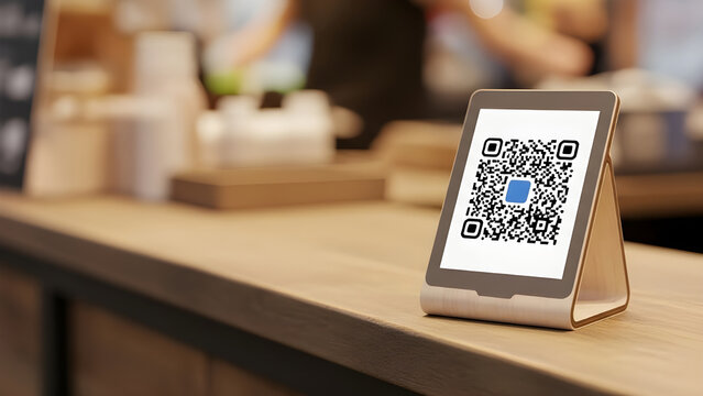 Modern QR code payment terminal on wooden counter in cafe - Powered by Adobe