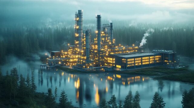 Industrial Symphony: An illuminated industrial complex nestled beside a tranquil lake, its structures harmonizing with the natural environment, emitting a soft glow into the night.