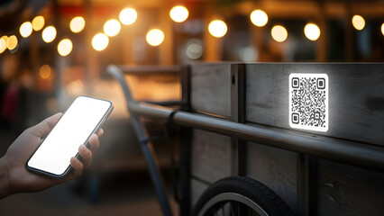 Hand holding smartphone scanning QR code on wooden cart in evening