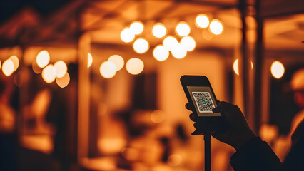 Person scanning QR code with smartphone in evening event setting