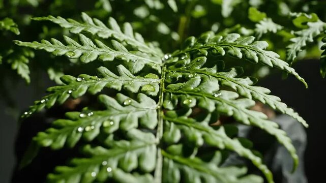 Lush Green Fern Close Up With Water Droplets Indoor Decorative And Refreshing Plant