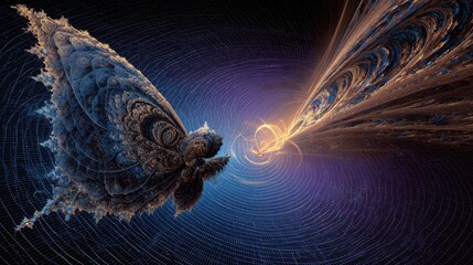 A visually striking and highly detailed geometric representation of the 'Butterfly Effect' from chaos theory. 