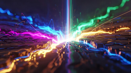 Abstract light energy explosion radiating from a central point with vibrant neon colors on a textured surface