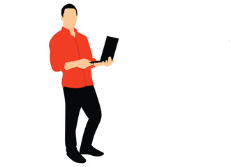 Man Holding Laptop Standing Vector Illustration