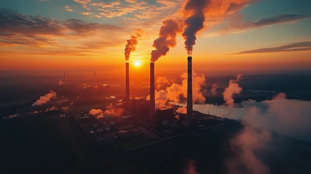 Industrial Chimneys Against Sunset: The towering chimneys of an industrial plant release plumes of smoke into the sky, framed by a vivid sunset. The scene evokes reflection on energy, environment.