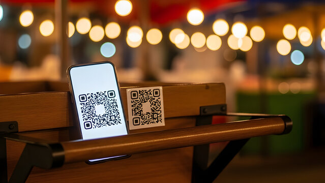 Smartphone displaying QR code on wooden table at night market - Powered by Adobe