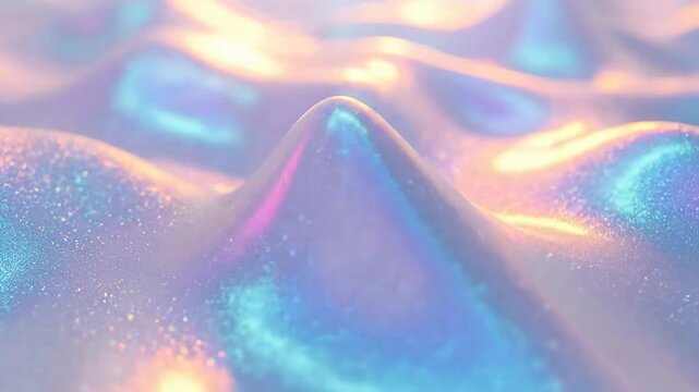 Iridescent liquid surface texture with light reflections, creating a smooth and shiny abstract background.