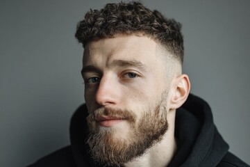 Obraz premium Young man with a stylish beard, curly hair, and a fade haircut looking at the camera