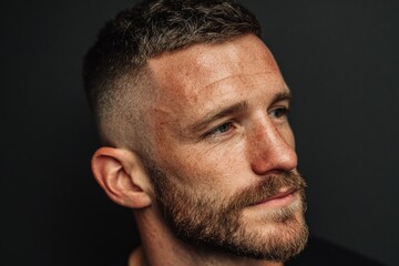 Obraz premium Man with beard, short hair, and freckles showing a detailed headshot portrait