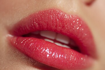 Woman's mouth showing red glossy lips and white teeth in a beauty close-up