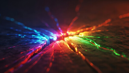 Vibrant abstract light energy bursting from textured cracks with a futuristic glow, creating a dynamic digital effect
