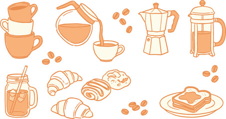 Breakfast or brunch with coffee and croissant doodle, whimsical coffee line art doodle sketch, coffee, tea, egg, croissant, pancakes, bread, avocado, sandwich, vector outline illustration