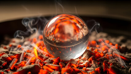 Glowing crystal ball on smoldering embers with wisps of smoke