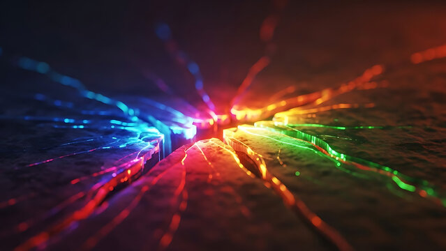 Vibrant abstract light energy bursting from textured cracks with a futuristic glow, creating a dynamic digital effect