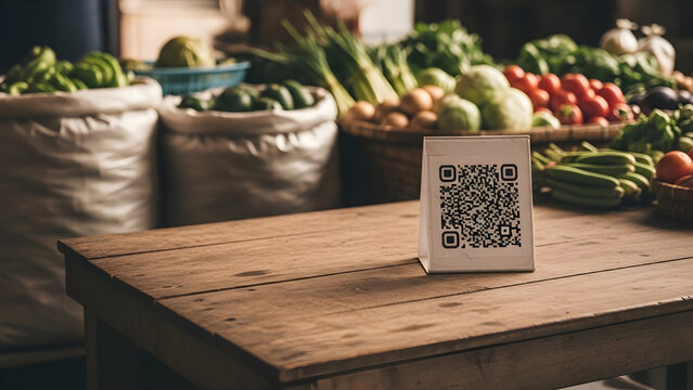 QR code on wooden table in front of fresh produce market - Powered by Adobe