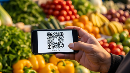 Hand holding smartphone with QR code for contactless payment at vibrant farmer's market