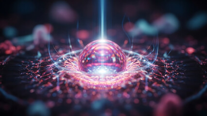 Abstract representation of a glowing sphere, emanating light and energy, surrounded by microscopic particles in a cosmic or scientific setting