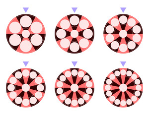 Collection of wheels of fortune with varying numbers of sectors: 6, 8, 10, 12, 14, 16. Set of vector circular sector diagrams with segments and pointers for infographic or game design.