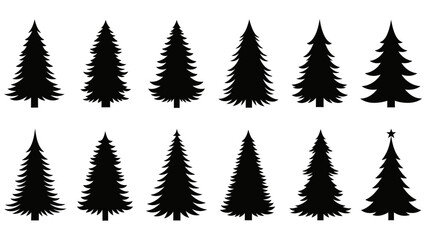 Obraz premium Collection of Pine Tree and Christmas Tree Silhouettes on Isolated White Background
