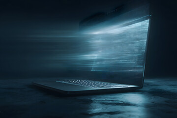 Concept of digital transformation with glowing waves emerging from a laptop in a dark setting