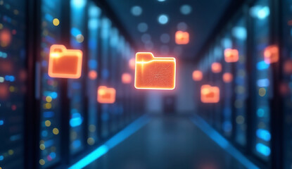 Glowing files floating in digital space, emphasizing the flow and management of data.