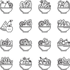 Fresh fruit and salad bowl icon set healthy food