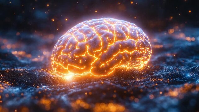 Illuminated Brain: The digital representation of a human brain glowing with intricate connections symbolizes the boundless capacity of human thought.
